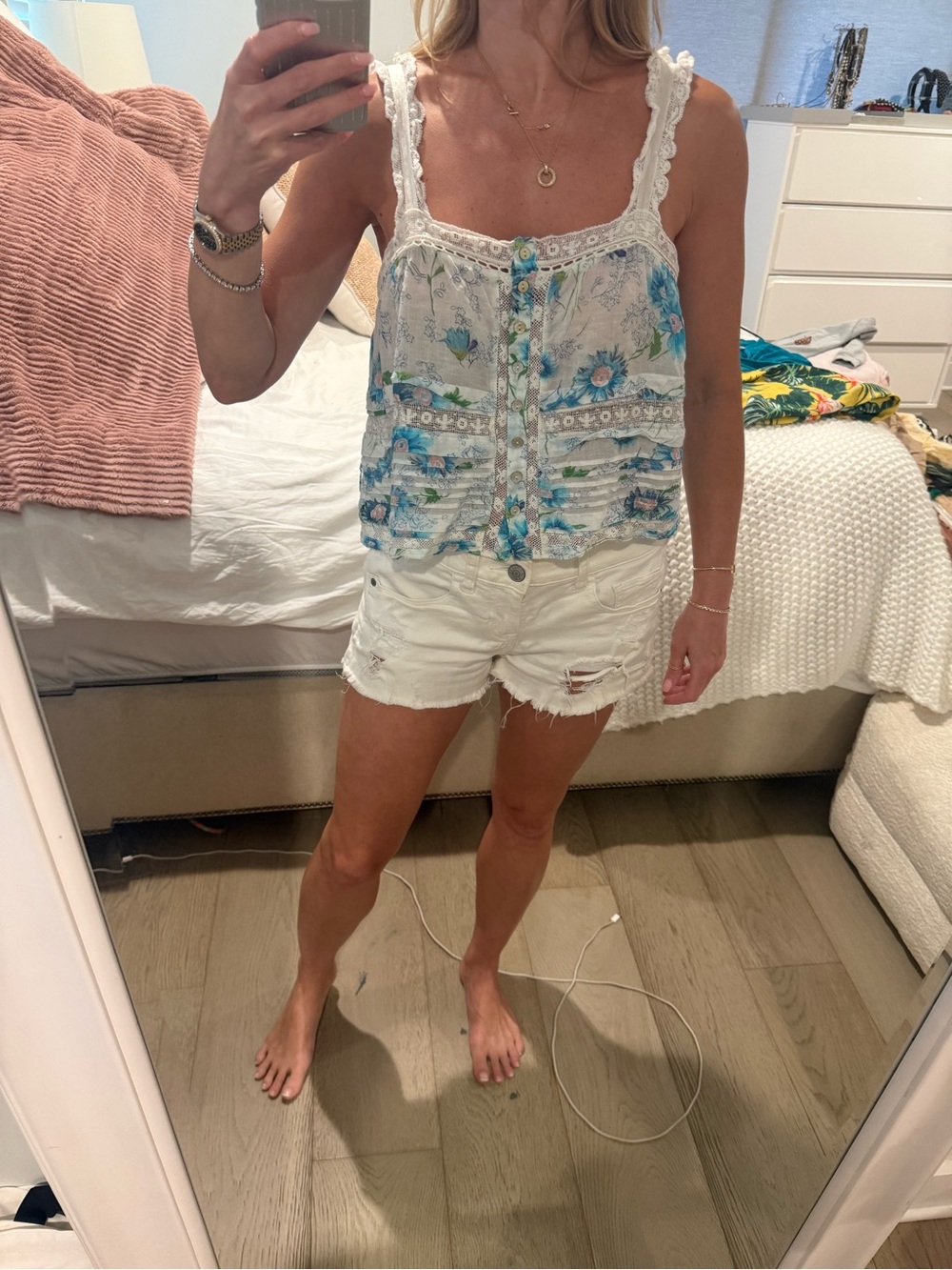 LoveShackFancy Blue Floral Lace Camisole Tank Top